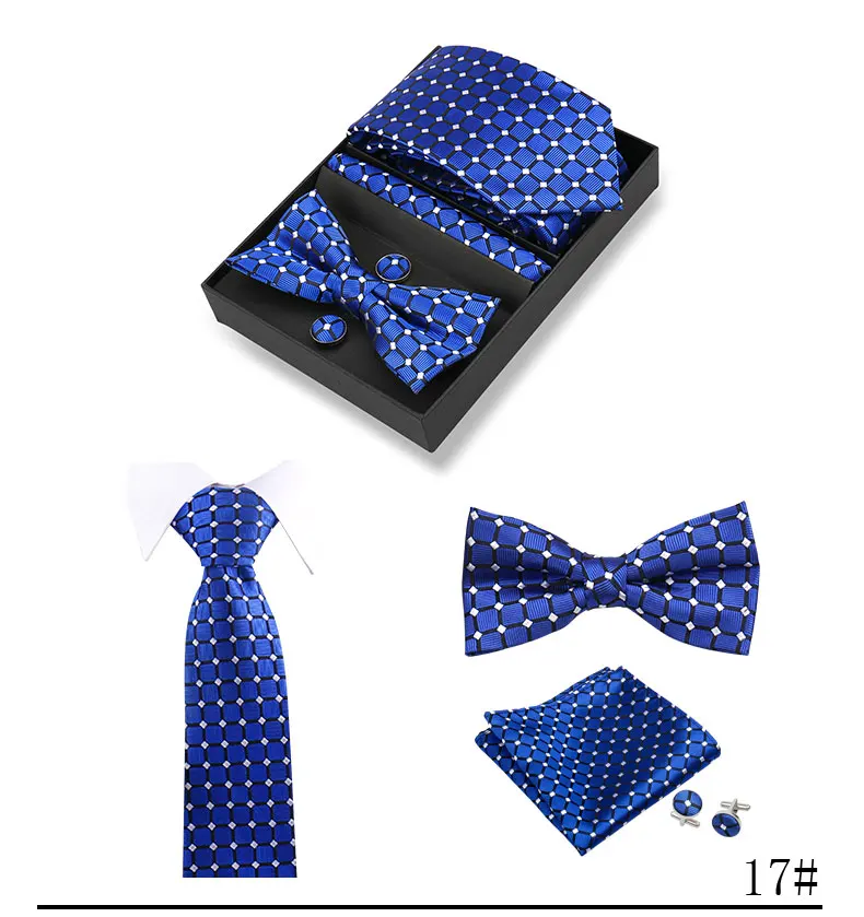 Hochwertige handgefertigte Krawatten, Fliege, Einstecktücher, Manschettenknopf-Set, kariertes gestreiftes Krawatten-Set in Geschenkbox für Männer, passend für die Hochzeit am Arbeitsplatz – Detail 21
