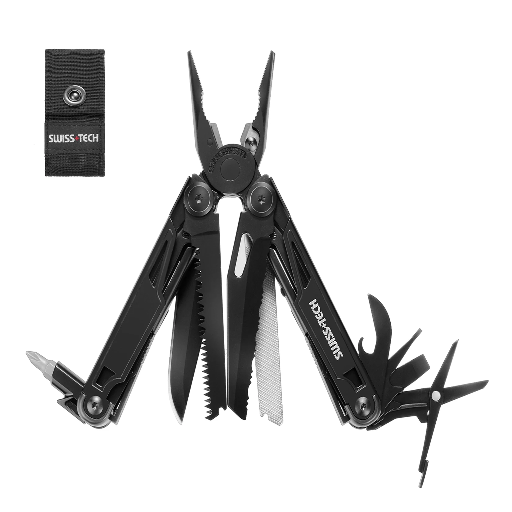 SWISS TECH-16 em 1 Alicate Multitool para Camping Ao Ar Livre, Cabo, Cortador de Fio, Alicate Dobrável, Ferramentas Manuais Portáteis