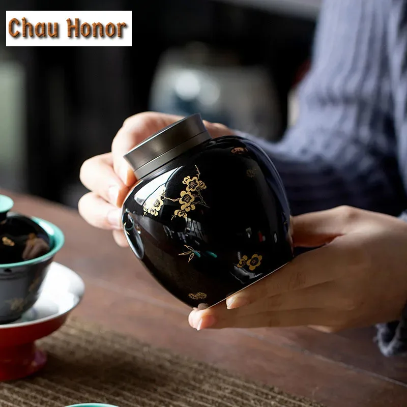 300ml Black Glaze Ceramic Tea Box Home Small Portable Gilding Plum Blossom Tea Canddy Moisture-proof Double Sealed Storage Bin