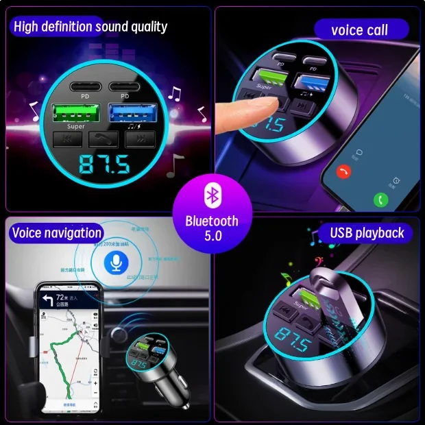 Universal Car Bluetooth Charger with Three Port Fast Charging