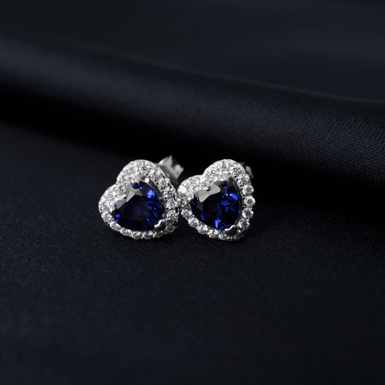 Potiy Love Heart Total 1.23ct Created Blue Sapphire 925 Sterling Silver Stud Earrings for Women Gemstone Fine Daily Jewelry Gift