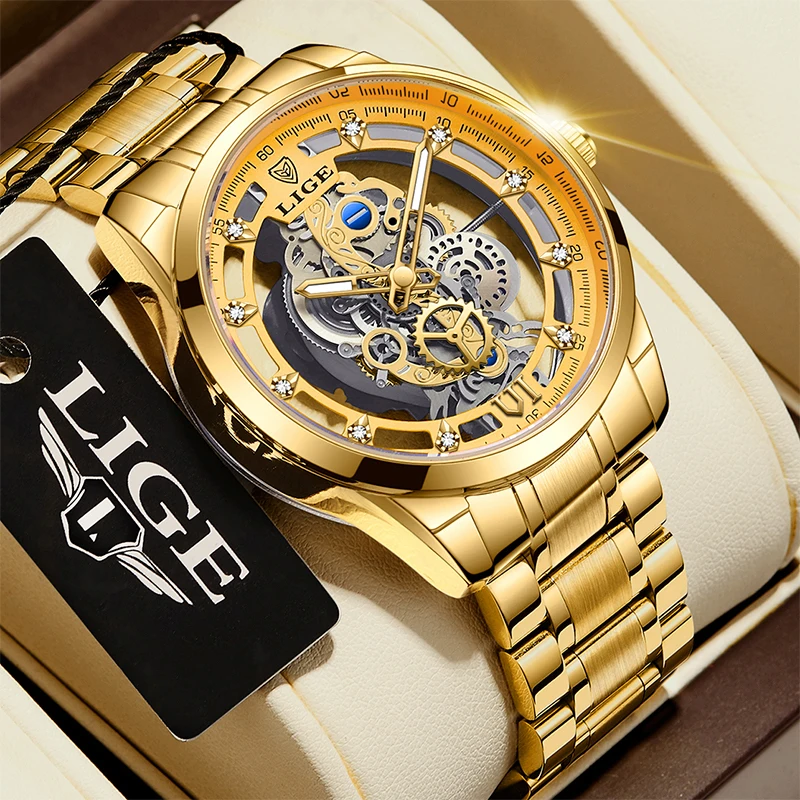 LIGE Gold Skeleton Retro Luxury Men's Wristwatch