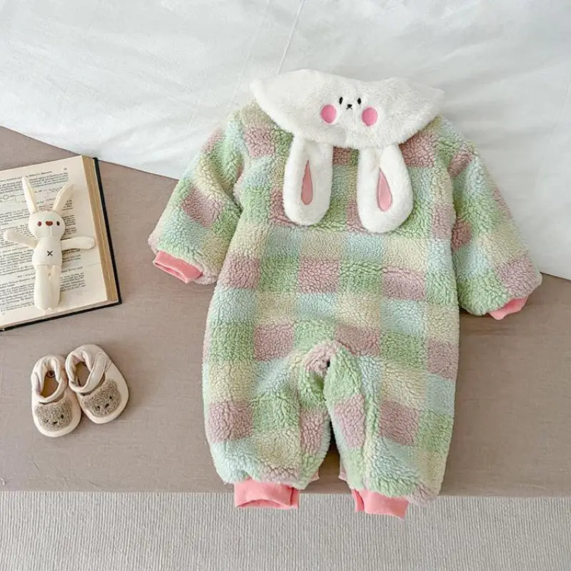 

Autumn Winter Girl Baby Plus Velvet Thicken Rabbit Collar Romper Boy Infant Plaid Fleece Warm One-piece Newborn Cotton Jumpsuit