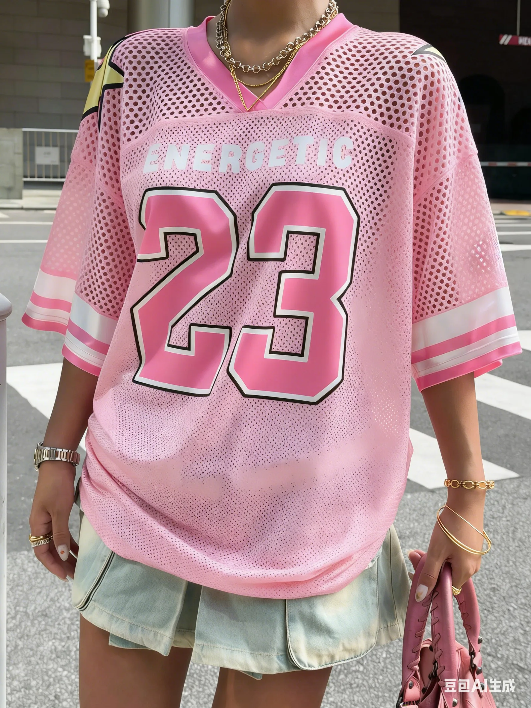 Women's Summer 23 Number Print Mesh T-Shirt Top V Neck Oversized Short Sleeve Streetwear Casual Fashion Tee for Daily Wear 4