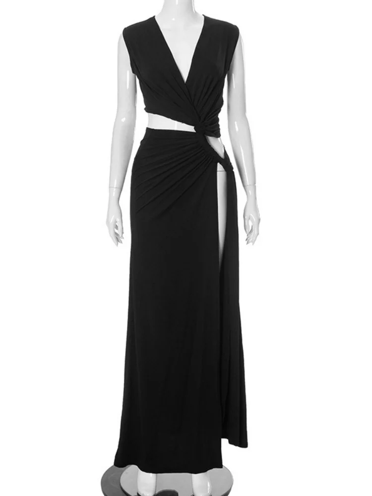 Wmstar Dress Women Wholesale A New Solid-color Sexy Deep V Shaped Cut Out Slit Figure Hugging Long Dresses for Woman  Summer