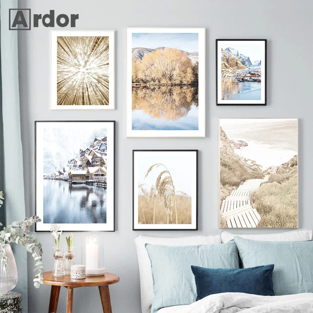 

Nordic Landscape Art Poster Autumn Natural Plant Canvas Painting Bridge Mountain Lake Forest Print Wall Picture Livingroom Decor