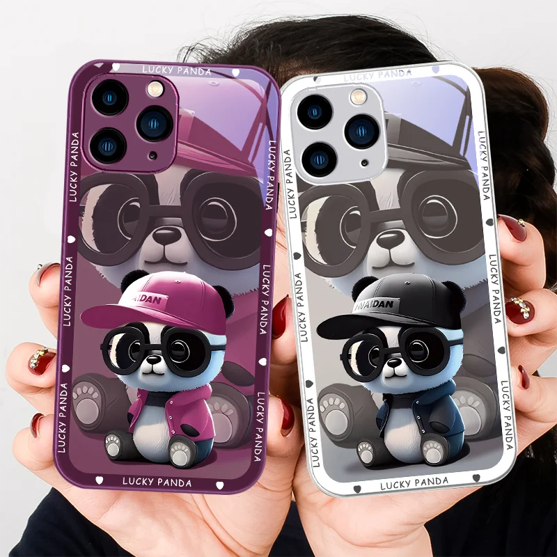 

Purple Metallic Paint Tempered Glass Phone Case for Iphone 14 13 12 11 Pro Max X XS XR 7 8 Plus 2020 SE Panda with Sunglasses