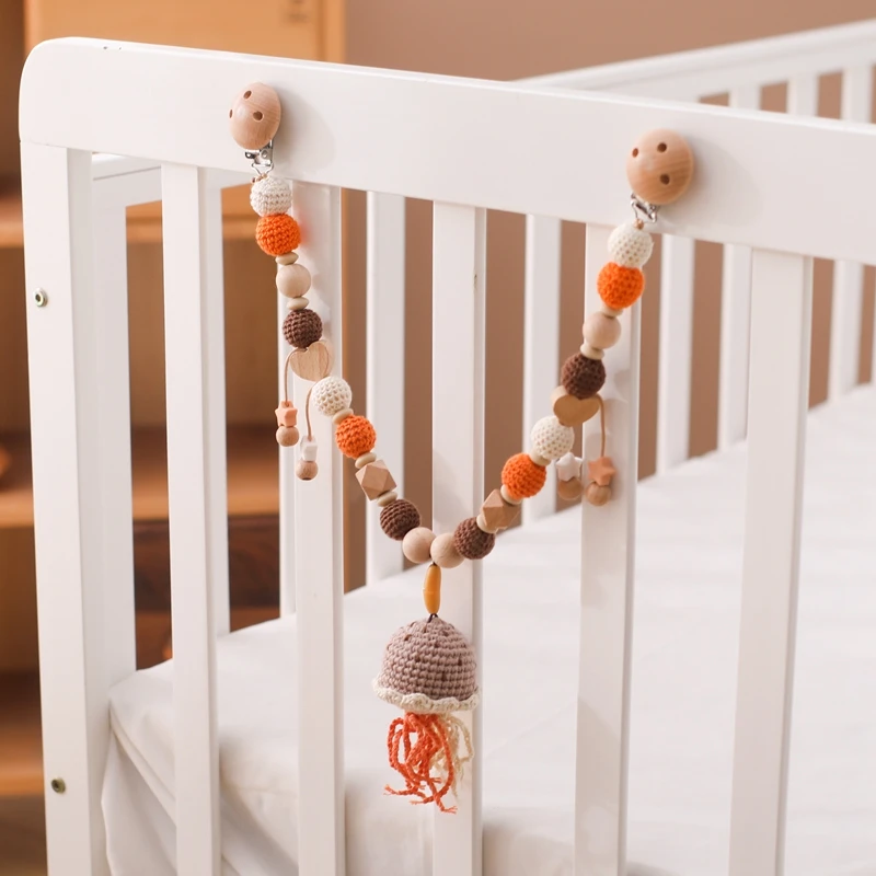 Wood Teether Baby Bed Hanging Rattle Toy Crochet Rattle Baby Comfort Toy Cute Animal Crochet Room Decor Stroller