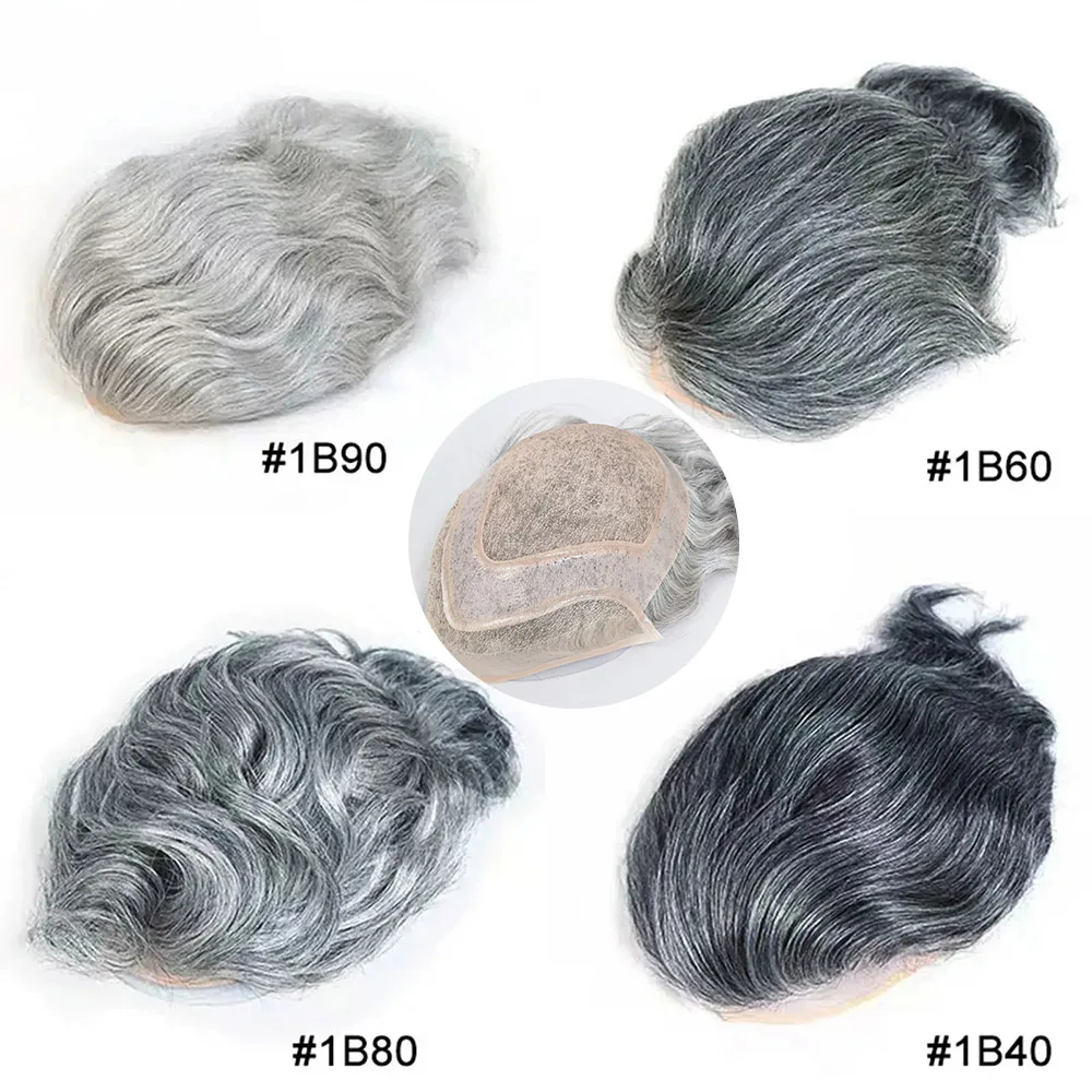 1B80 Toupee 남성용 파인 모노 웨이브 가발, 인모 교체 시스템, 남성용 보형물, 8x10 회색 헤어피스 유닛