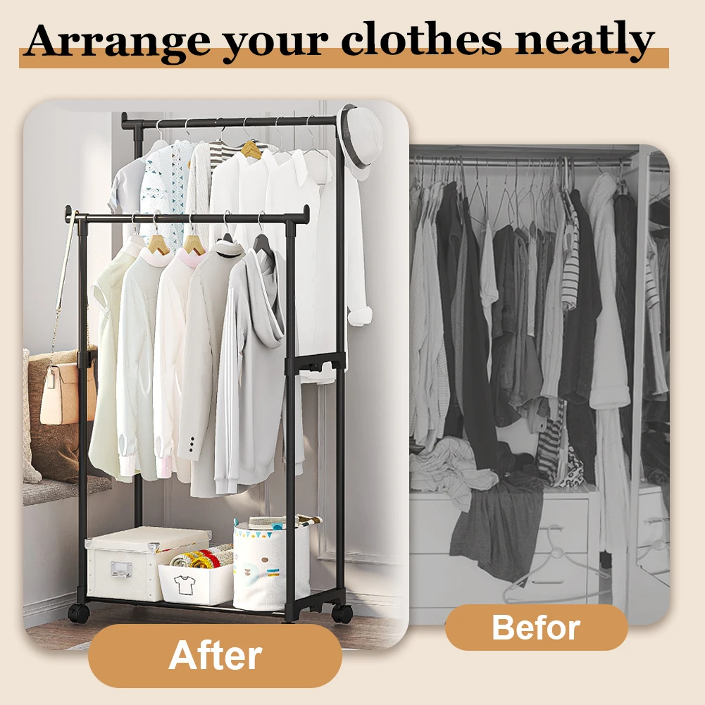Double Rods Garment Rack Clothes Rack with Wheels Multifunctional Clothes Hanging Rack for Laundry Room Clothing Store