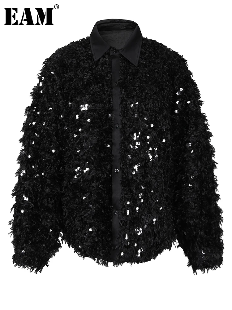 

[EAM] Women Black Sequins Big Size Elegant Blouse New Lapel Long Sleeve Loose Fit Shirt Fashion Tide Spring Autumn 2024 CPG0484