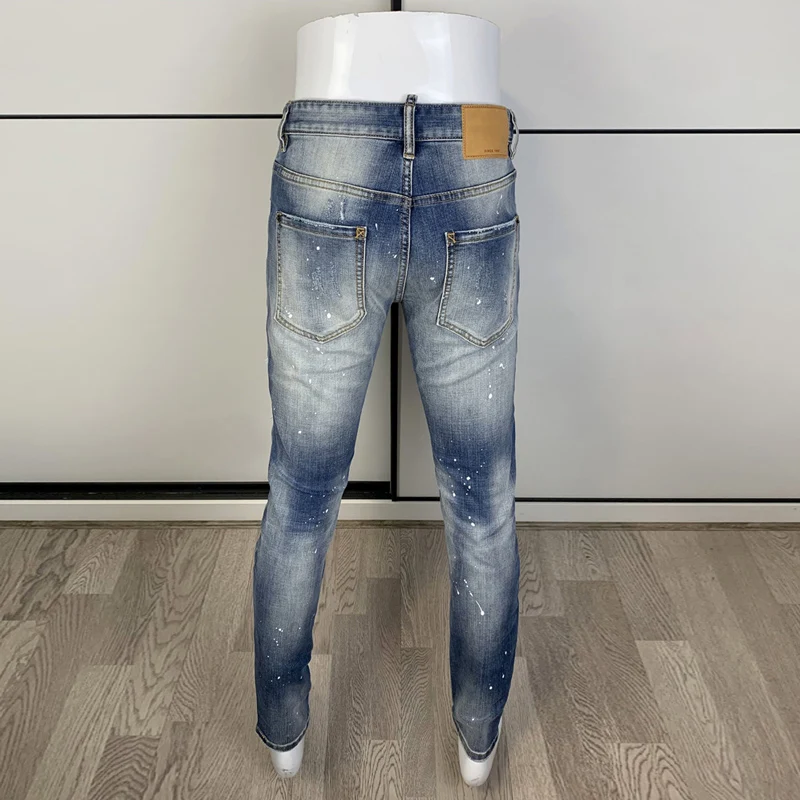 Street Fashion Men Jeans Retro Washed Blue Elastic Stretch Slim Fit Ripped Jeans Men Patched Designer Hip Hop Brand Pants Hombre