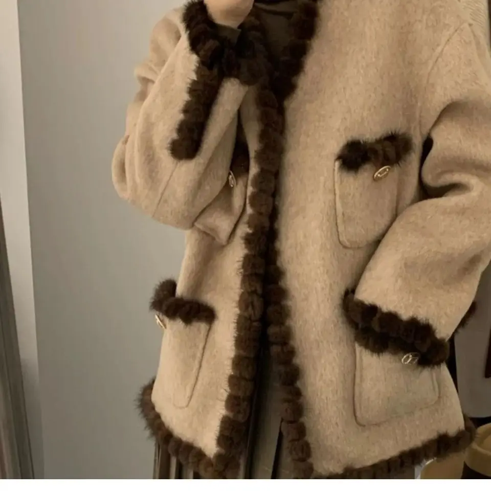 Women's Cashmere Coat Jacket Vintage V-Neck Woman Coat Female Tops Autumn Winter
