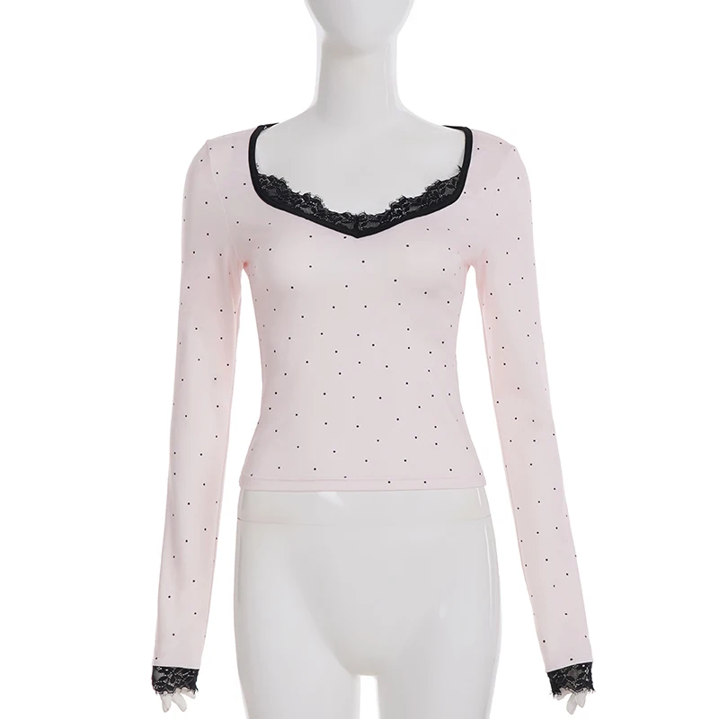 SUCHCUTE Sweet Polka Dot V-Neck Lace Patchwork Top Women Spring Long-sleeve Tees Korean Casual Tops All match coquette outfits 4