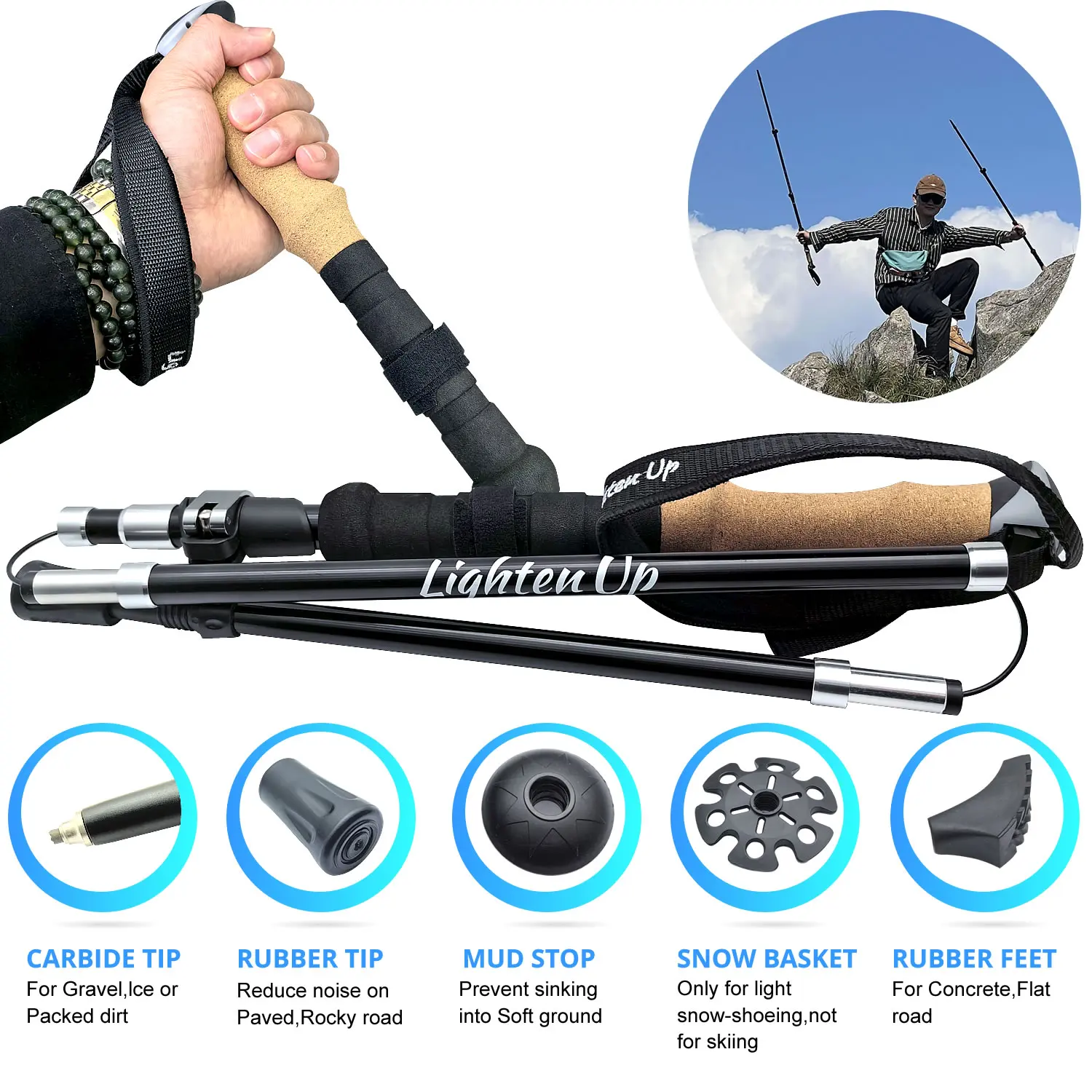 LIGHTEN UP Ultralight Trekking Poles Walking Sticks Hiking Canes Folding Aluminum Carbon Fibre Walking Pole Nordic Walking Stick 4