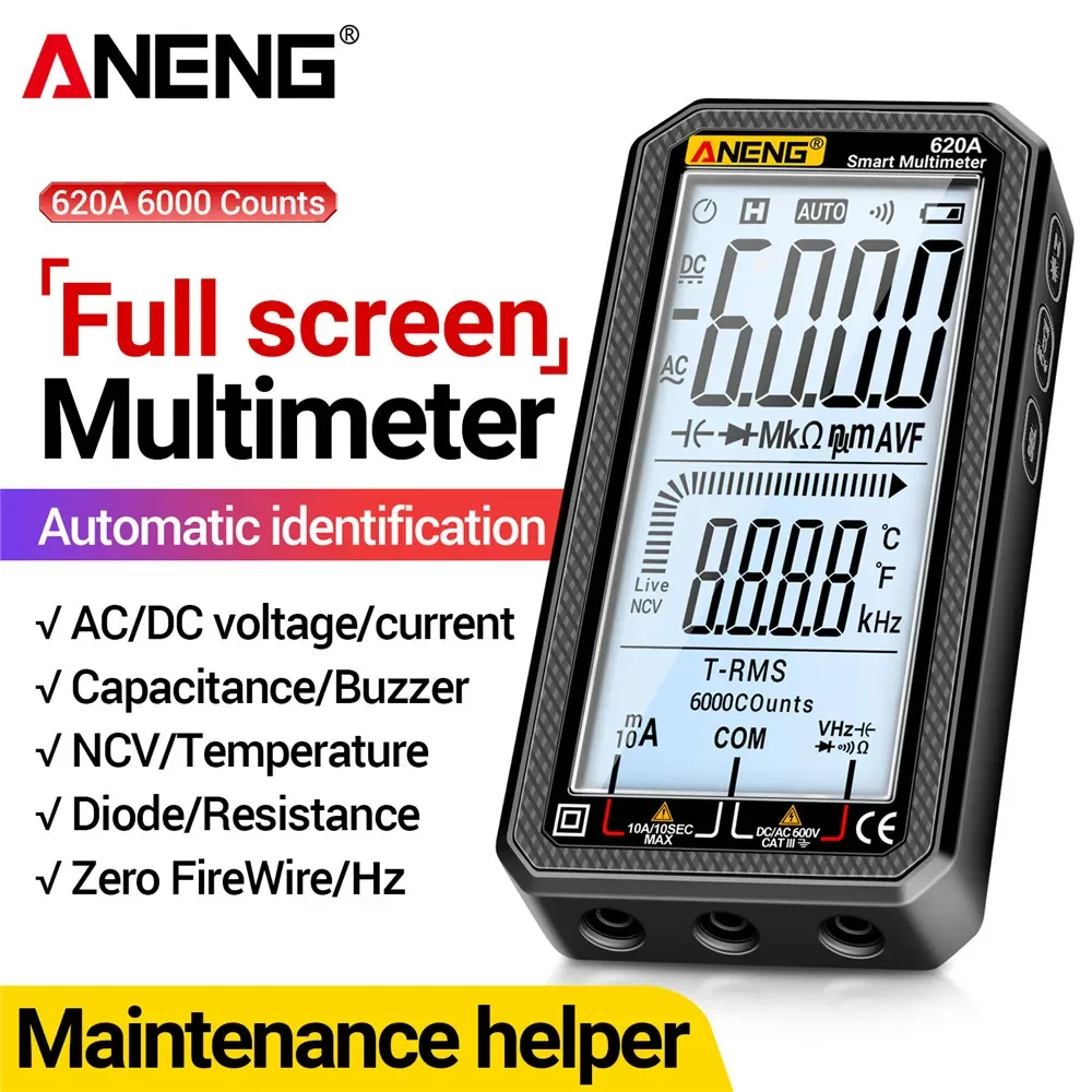 Digital Multimeter 6000 Counts True RMS Auto Test Capacimeter Transistor Electrical Temp Resistance Test ANENG 620A