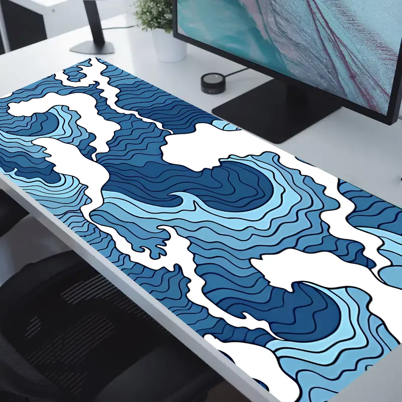 Blue and white ocean print e-sports gaming mouse pad, 2mm non-slip rubber sewn side long keyboard gaming pad, 31.49 x 11.81 inch 5