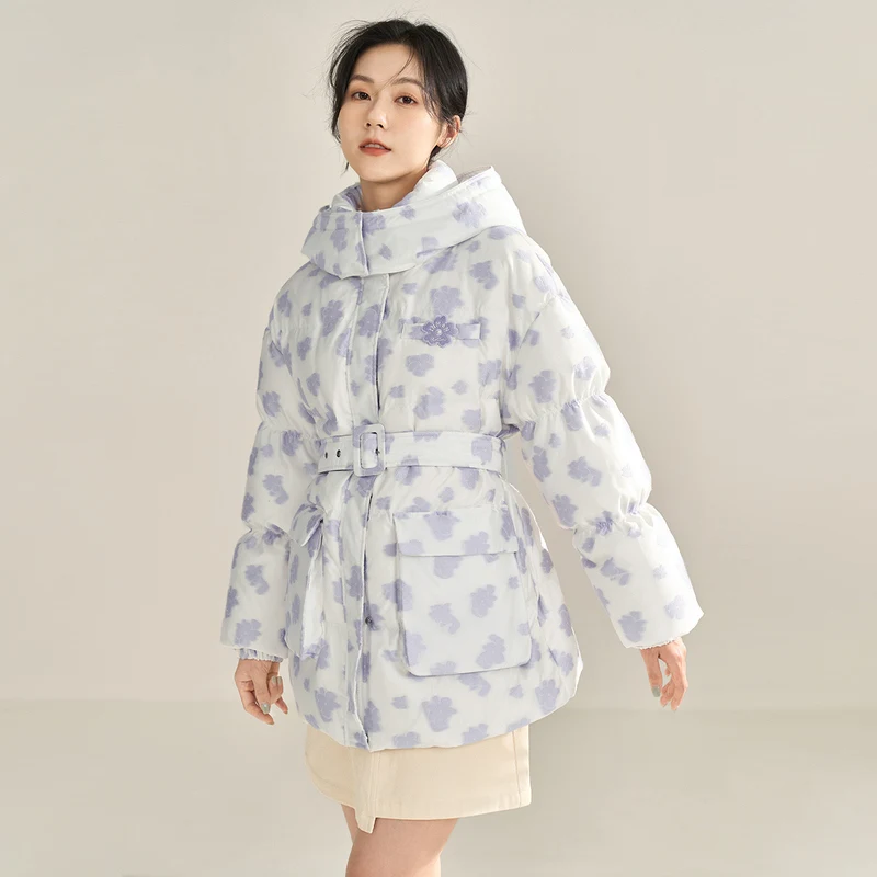INMAN Women Hooded Down Jacket Winter Long Sleeve Loose White Duck Down Coat Flower Jacquard Adjustable Waistband Chic Outwear
