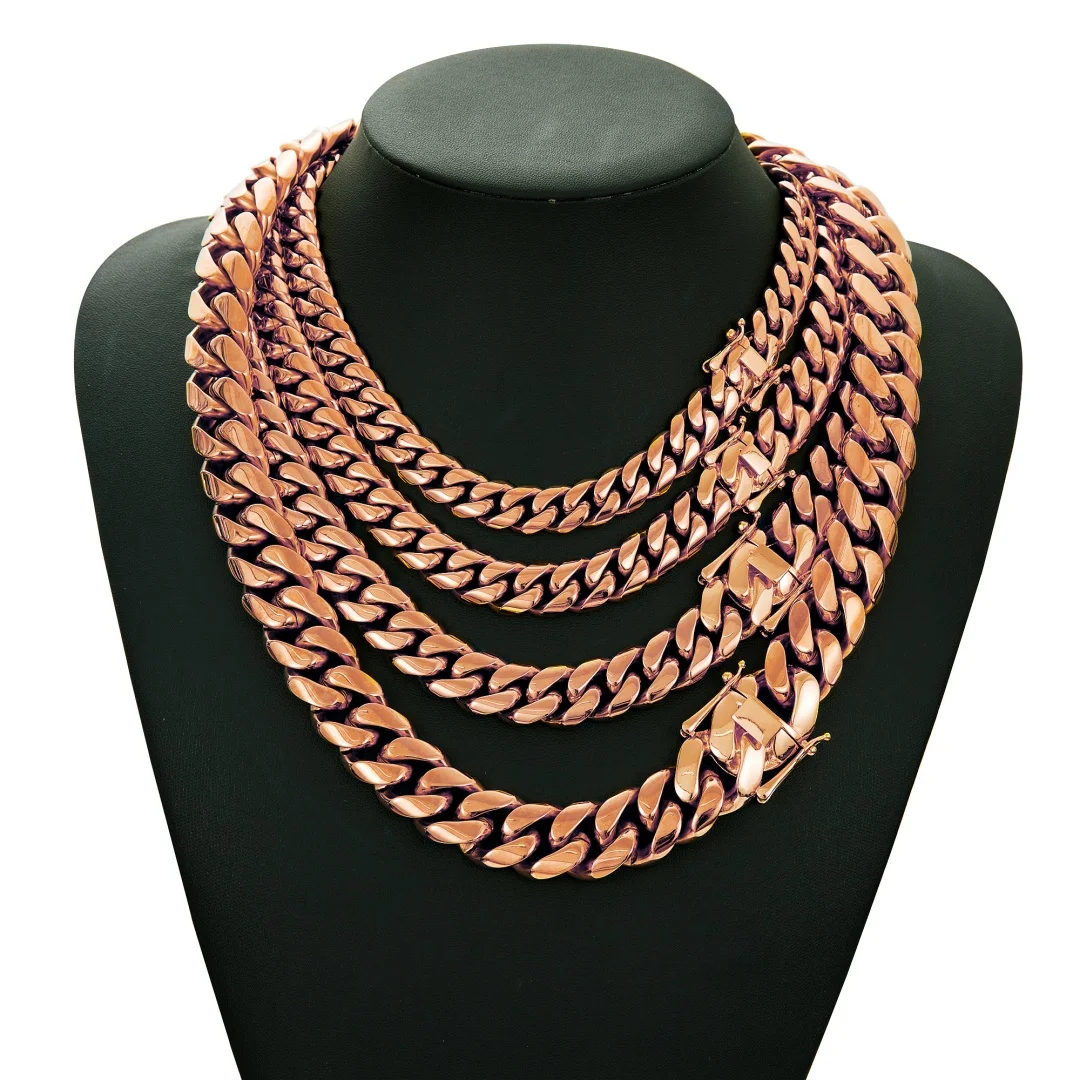 8-22mm Hip Hop Bling Rose Gold Color 316L Stainless Steel Dense Cuban Miami Link Chain Necklaces for Unisex Rapper Jewelry(1PC) - Image 3