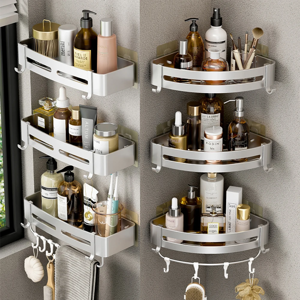 

Wall Mounted Bathroom Shelves, No Drill Space Aluminum Shower Corner Caddy Storage Shelf, Multilayer Kitchen Organizer Rack