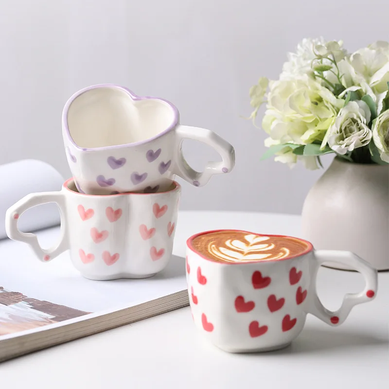 

2 pieces Cups Romantic Mug Korean Ins Coffee Tea Cup Heart-shaped Mug Milk Mug Ceramic Milk Coffee Cups Gift For Girl Women