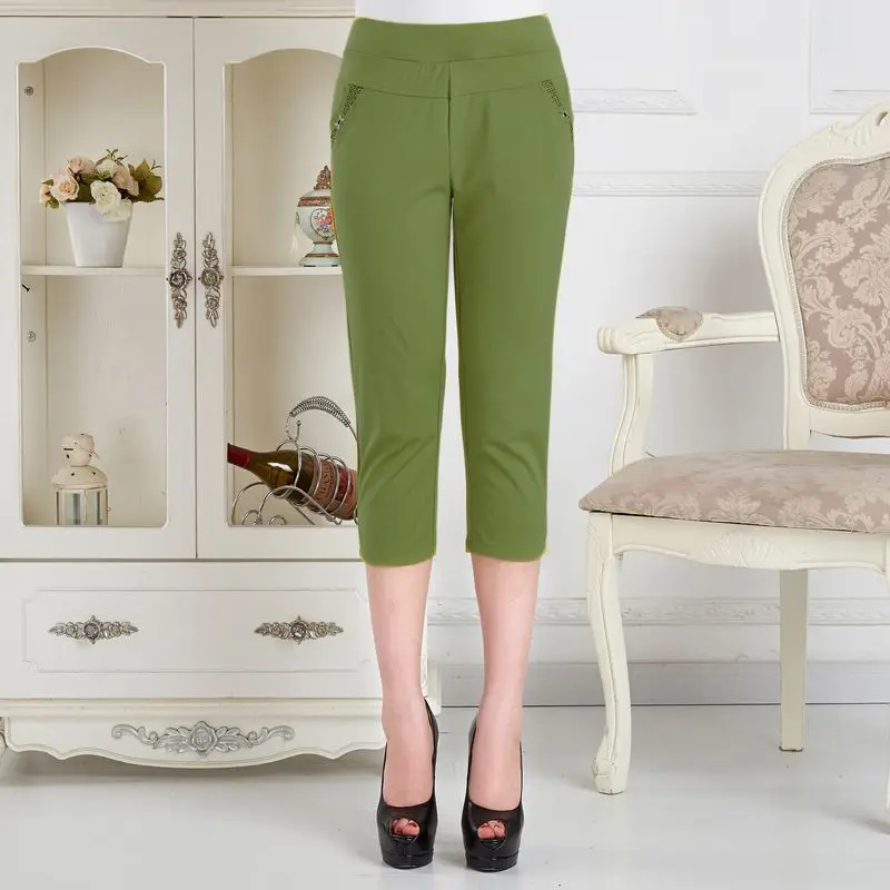 Female Clothing High Waist Elastic Pants Summer Thin Casual Solid Color All-match Fashion Diamonds Pockets Spliced Capri Pants