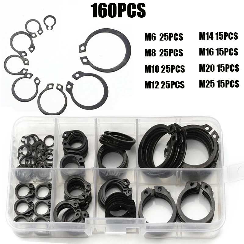 

160pcs C Clip External Circlip Snap Retaining Rings Set Carbon Steel M6-M25mm Circlip Washer Set for Shaft