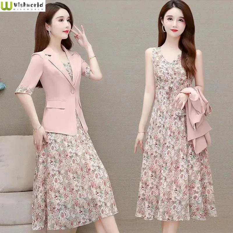 2022 New Korean Fashion Women's Suit Spring and Autumn Fashion Foreign Style Age Reducing Printed Dress Two-piece Set