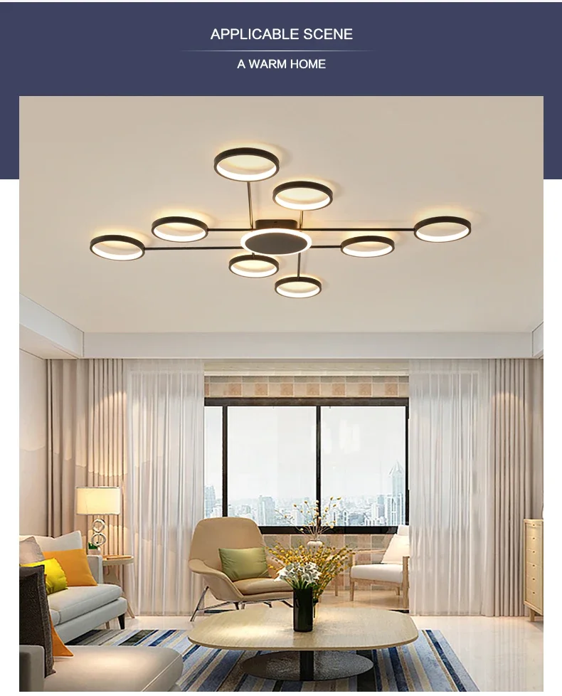 Description Picture 4 of itemModern LED Ceiling Chandelier for Living Room Bedroom Black Circles Ceiling Light with Remote Control Interior Lighting Fixtures