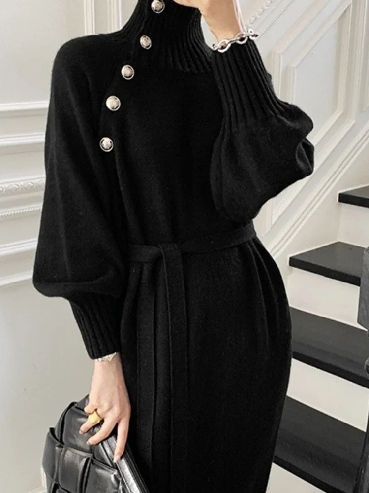 

New Autumn Winter Women's Sweater Casual Loose Turtleneck Long Sleeve Knit Skirt Elegant Lace-up Buttons Jersey Dress for Woman