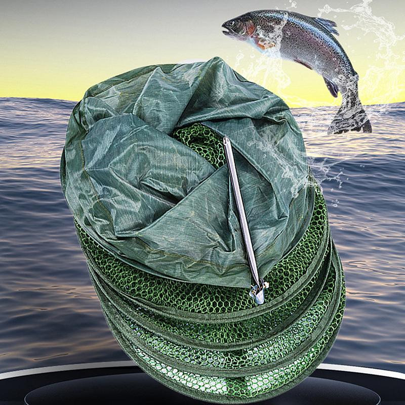 【W】Portable Quick-drying Nylon Mesh Steel Ring Folding Fishing Net Fish Crab Lobsters Mesh Cage Bucket Anti-jump Storage Bag