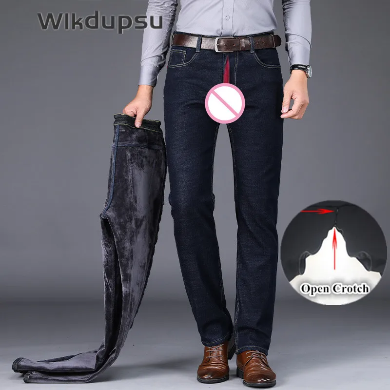 

Sexy Invisible Double Zippers Open Crotch Pants Winter Men's Fleece Warm Jeans Business Casual Thicken Denim Trousers Clothes