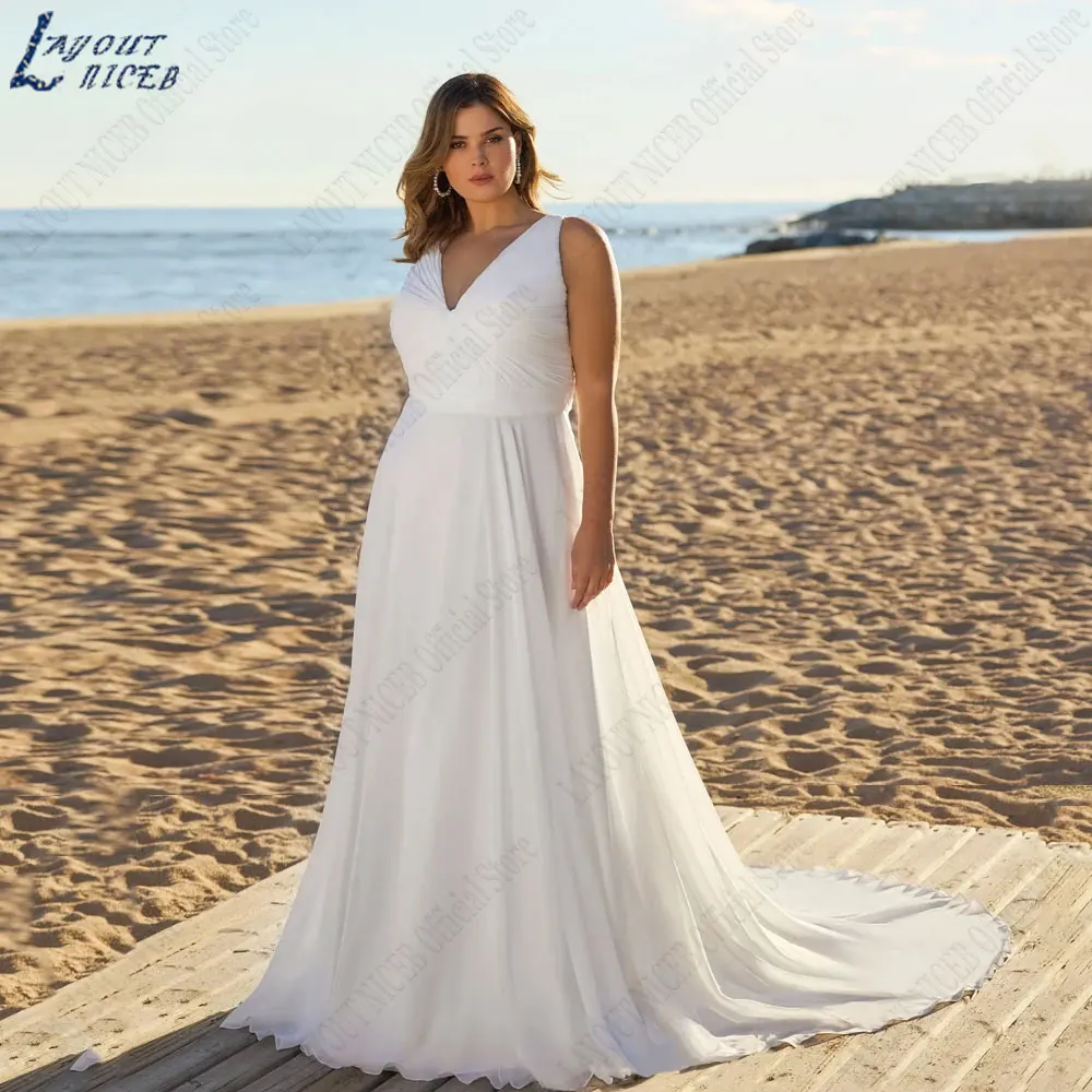 

LAYOUT NICEB Chiffon Plus Size Wedding Dresses Spaghetti Strap A-Line Bride Gown V-Neck Backless Vestidos Para Mujer Custom Made