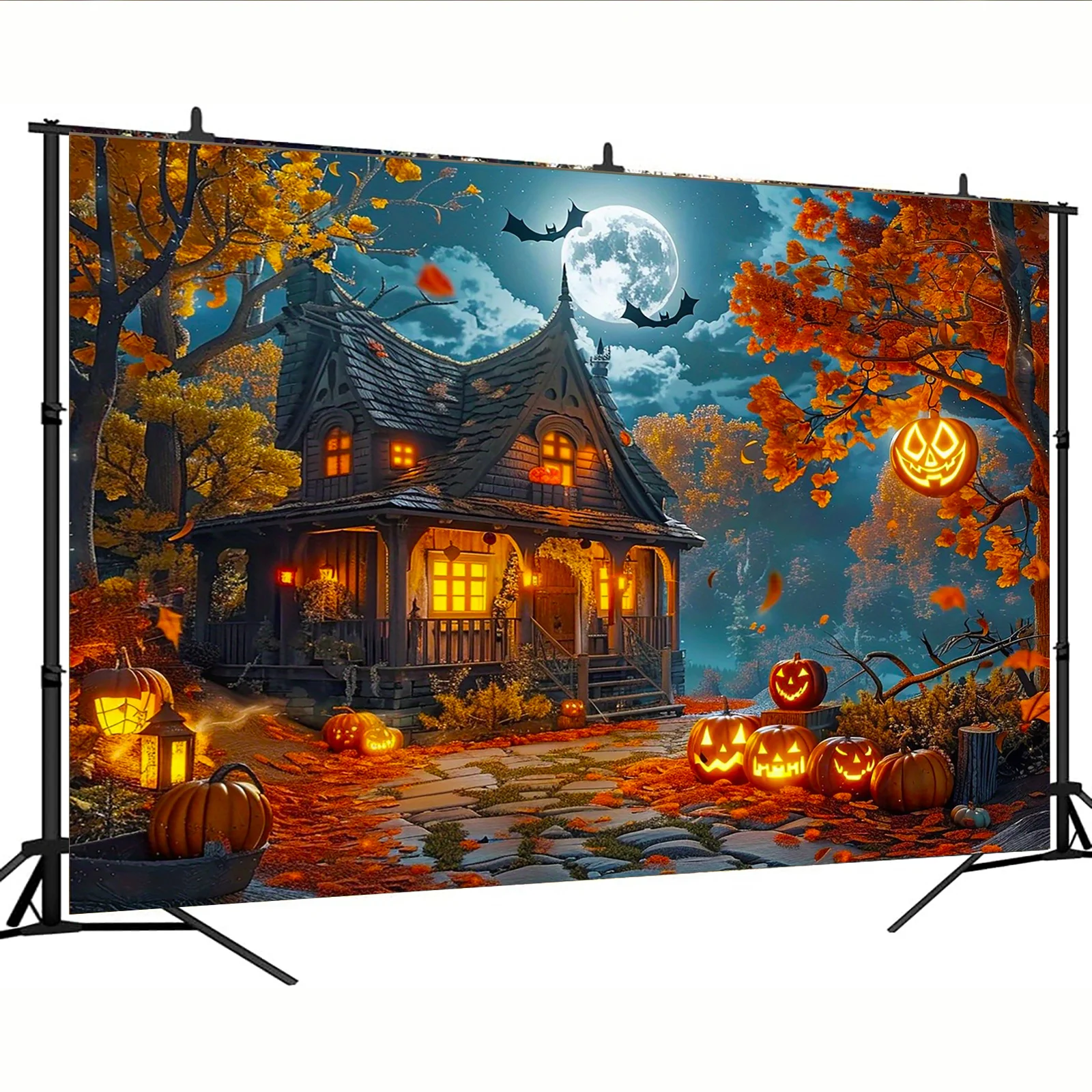 Halloween Haunted House Scene with Witch's Abode, Autumn Leaves, and Ghost Lanterns