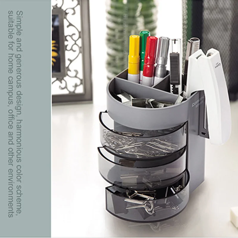 Pen Holder Pen and Brush Holder Desk Organizer Desk Storage Rack with 3 Rotatable Arc Drawers 1pc