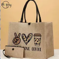 2 Pcs Linen Tote Bag Set – Large Capacity Canvas Handbag with Makeup Bag & Coin Purse, Reusable Shopping Gift Bags for Beach, Wedding & Travel