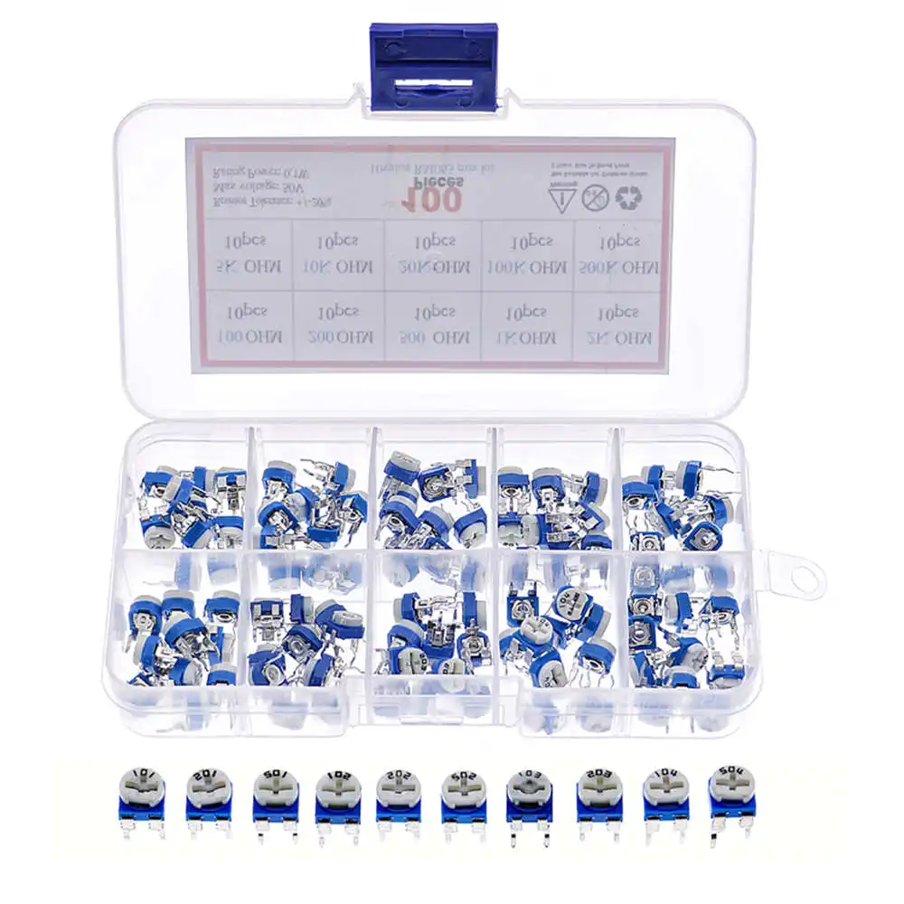 100pcs 10pcs each value RM065(500 OHM TO 1M)Horizontal Trimpot Potentiometer Assortment Kit With box volume potentiometer electronic components storage box