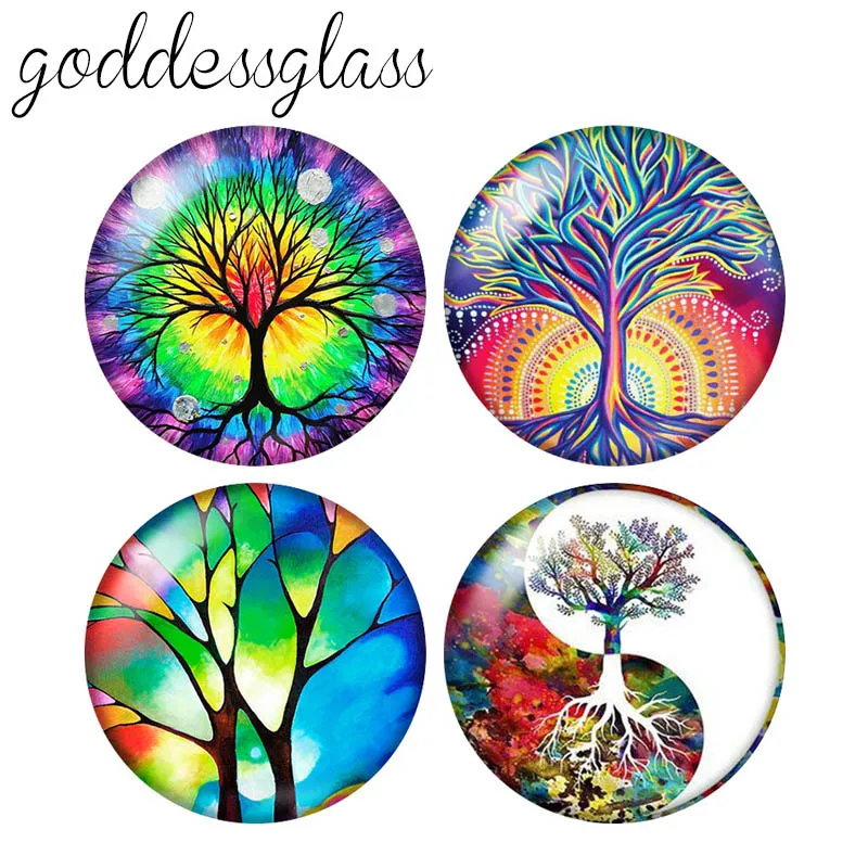 

New Tree of Life Colorful Tree Drawings 10pcs 12mm/18mm/20mm/25mm Round photo glass cabochon demo flat back Making findings