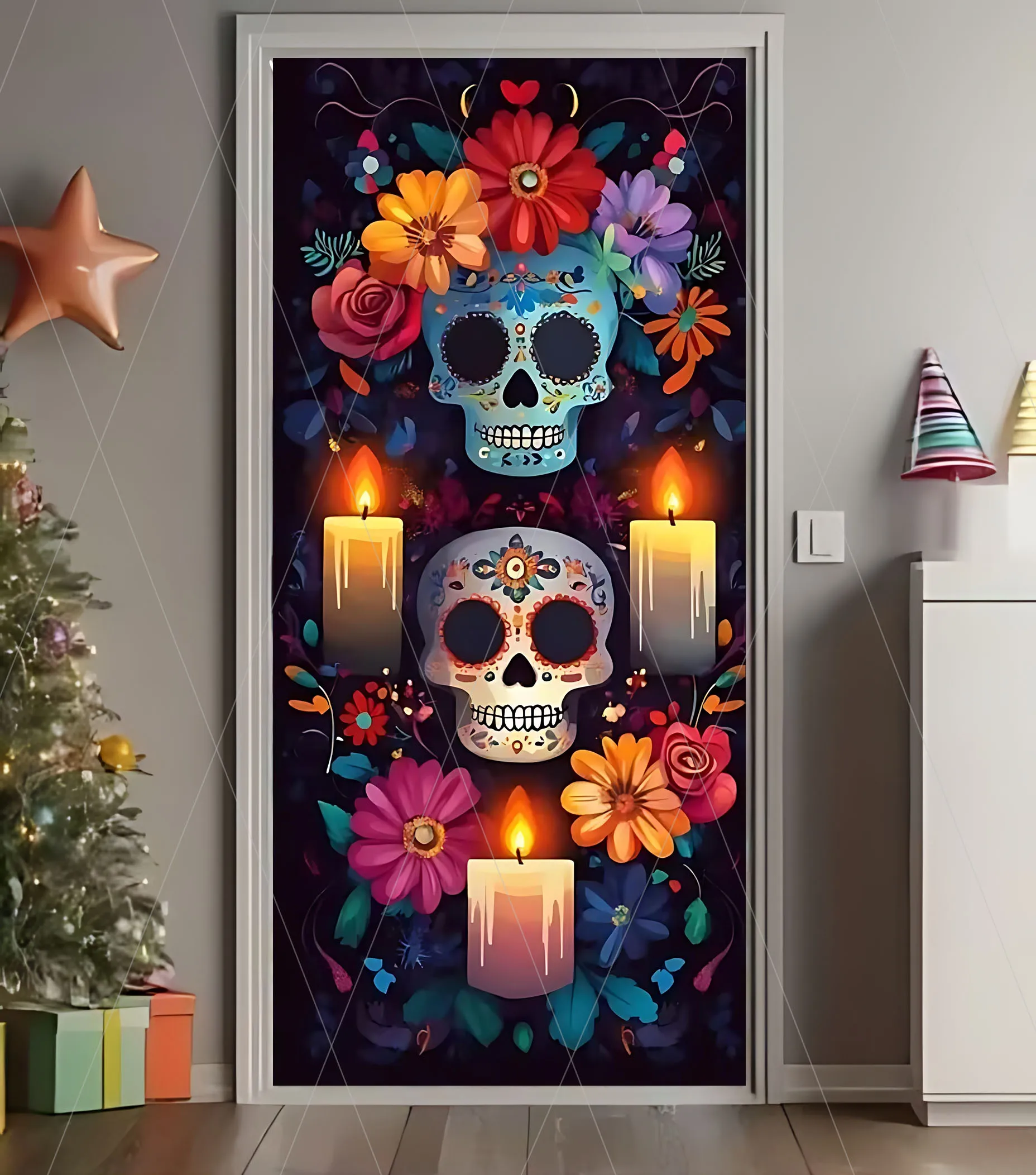 Albtraum Horror Halloween Tür Abdeckung Hintergrund Hexe Kürbis Laterne Party Tag der Toten Cartoon Dekoration Supplie Hintergrund – Detail 4