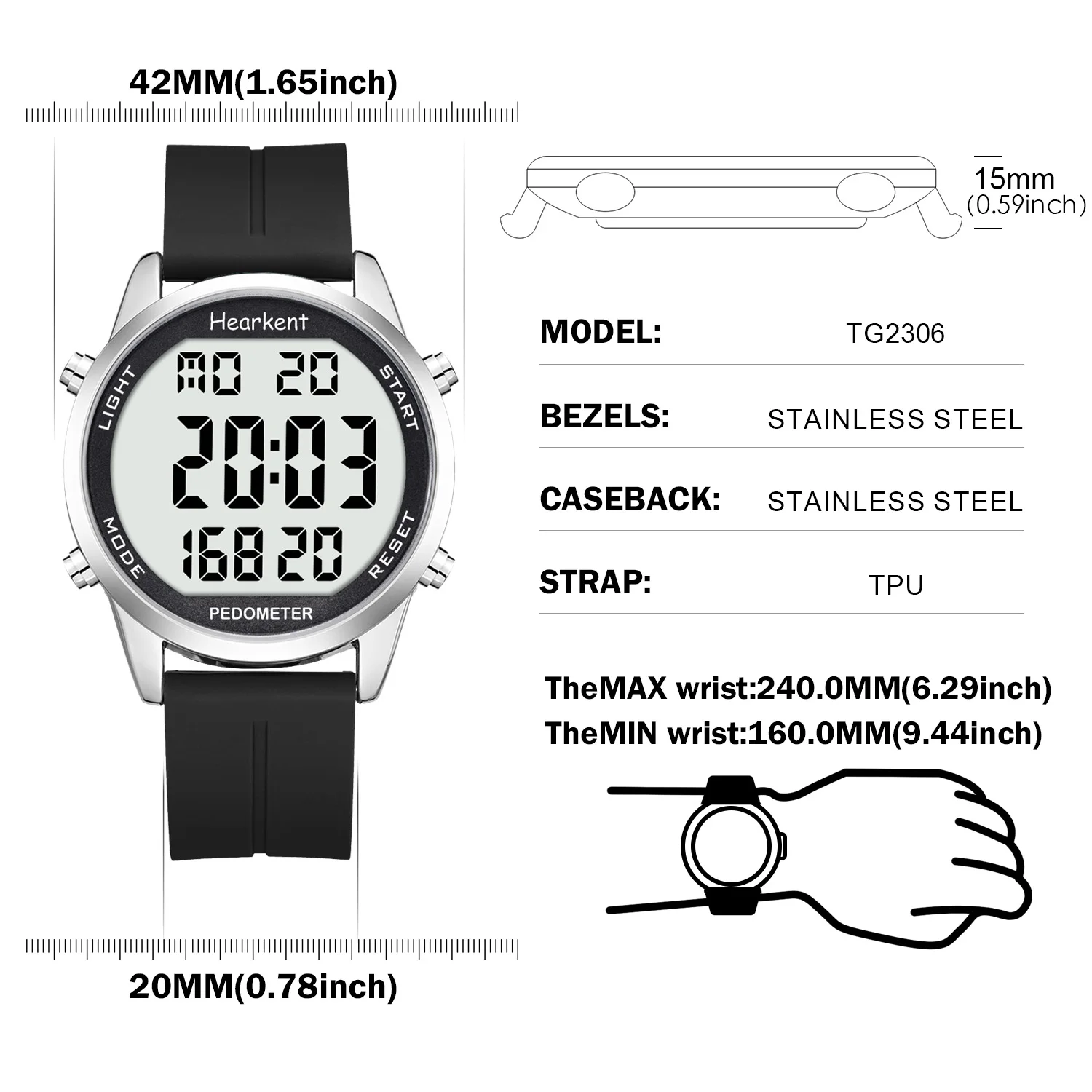 Hearkent Pedometer Watch Men/Women Outdoors Sports Watches Step Calories Counter LED Backlight for Walking Tracker No Bluetooth 2