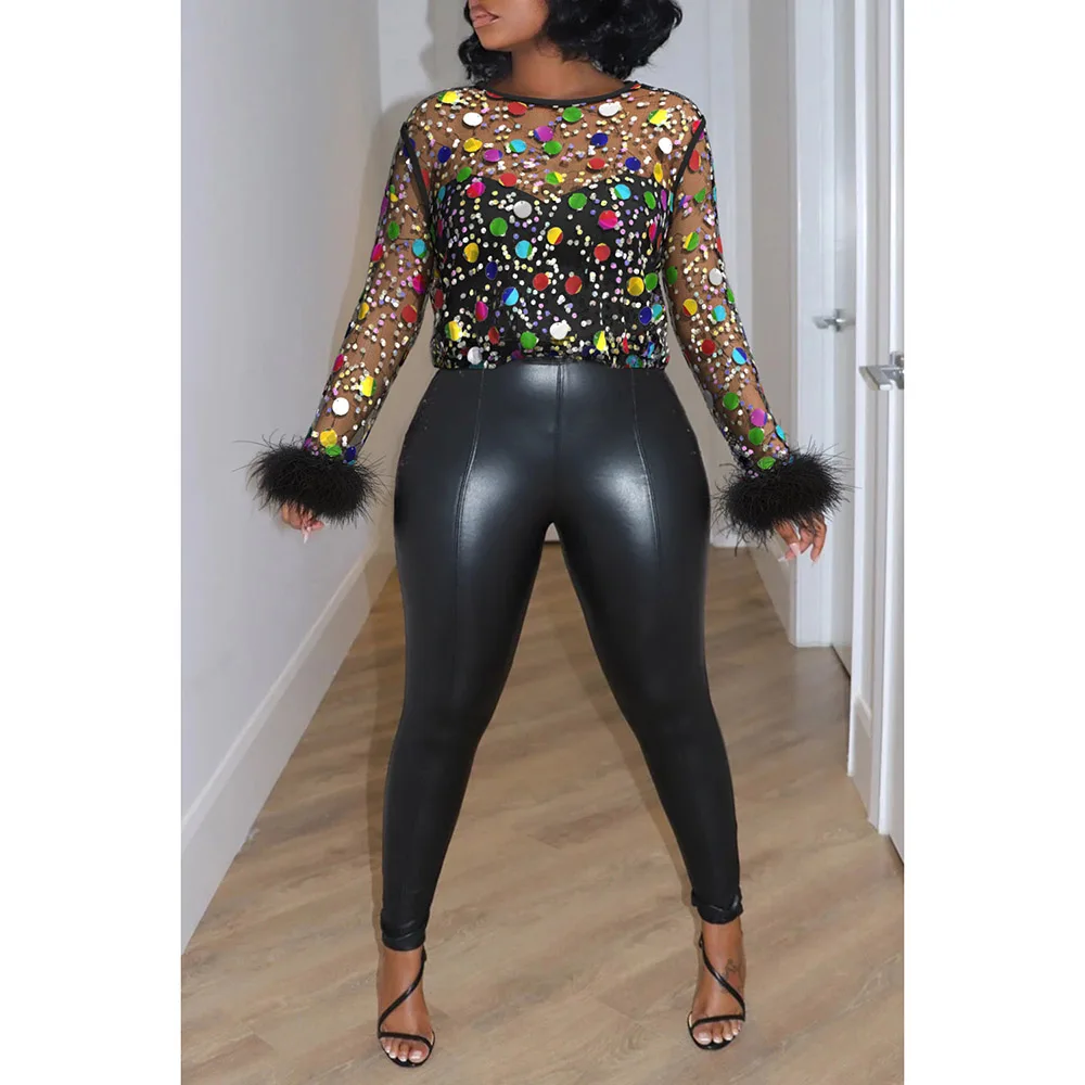 Plus Size Party Blouse Black Multicolor Sequined See-Through Feather Blouse