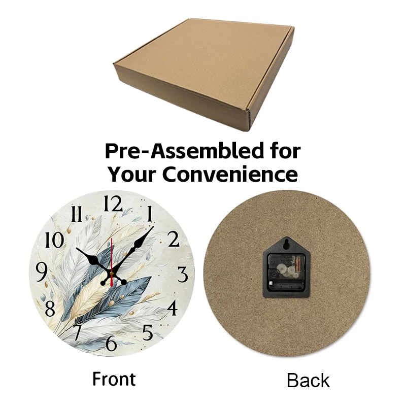 Abstract Feather Wooden Round Silent Hanging Wall Clock 6