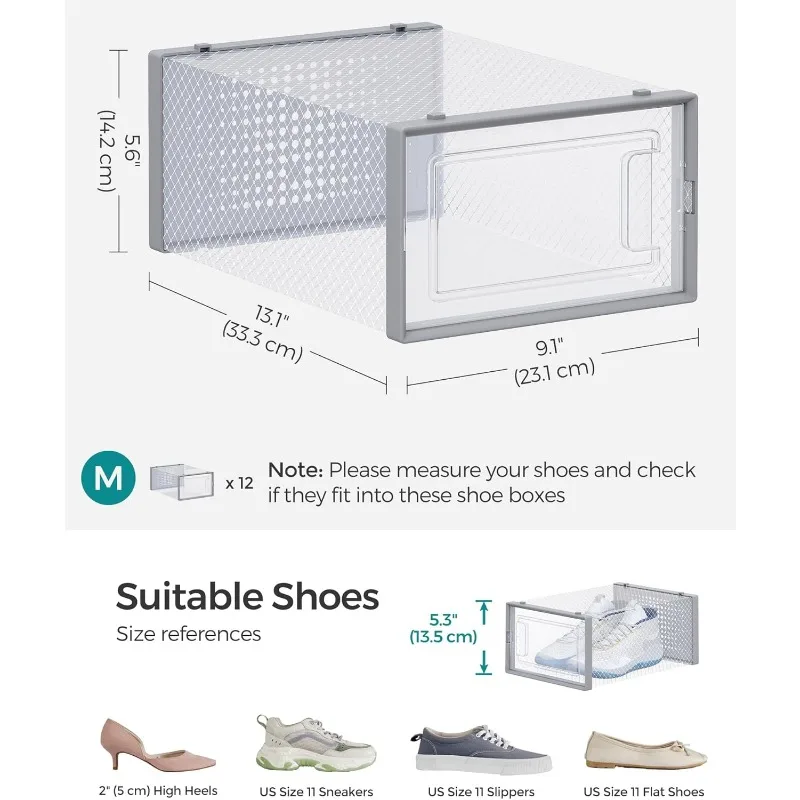 Shoe Boxes, Pack of 12 Shoe Storage Organizers, Stackable Clear Plastic Boxes for Closet, Sneakers, 9.1 x 13.1 x 5.6 Inches
