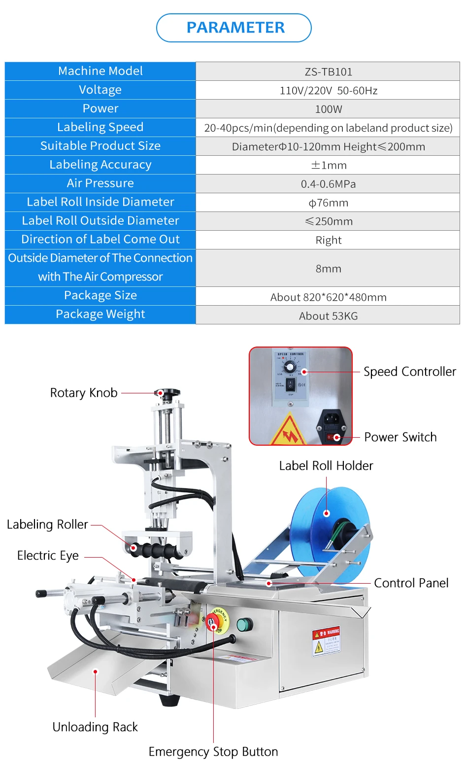 ZS-TB101 Tabletop Round Bottles  Labeling Machine with Printer