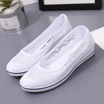 White Lace Hollow Breathable Little White Shoes Flat Mid Wedge Heel Women's Summer Beauty Shoes Size 34-41 White Sneakers Women 1