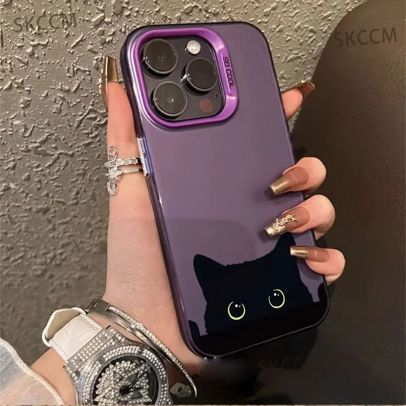 Cute Black Cat Pattern Shockproof Matte Phone Case with Plating Design