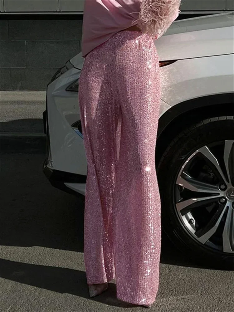 Frauen Pailletten Breite Bein Hosen Stretchy Hohe Taille Lose Gerade Hosen Club Party Elegante Lange Hosen Streetwear