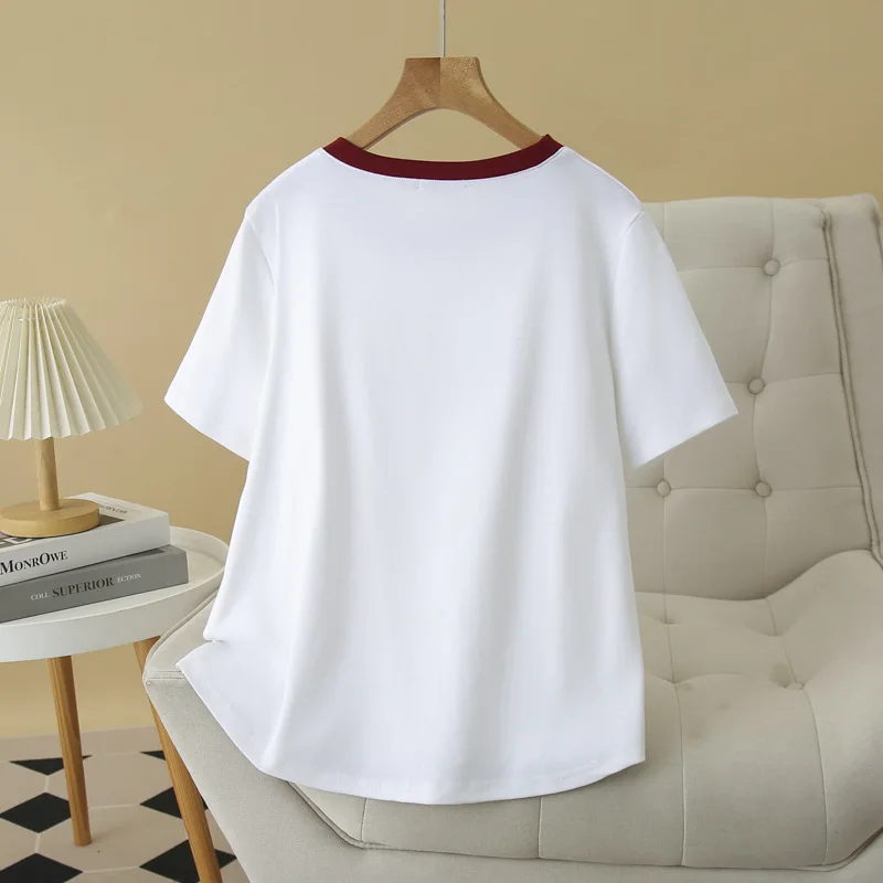 Summer Top 100kg New Casual Block Color Collar Print Rabbit Short Sleeve Tees Plus Size Women T-shirt 019