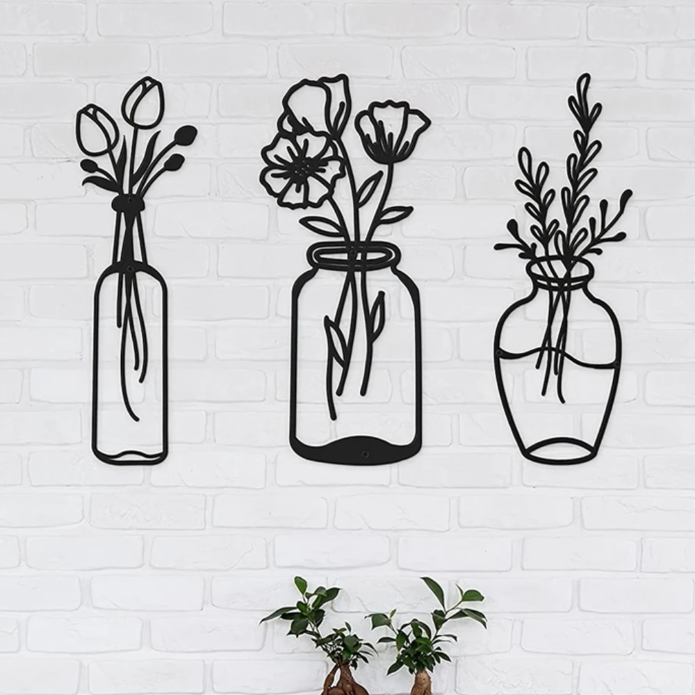 

3pcs Metal Flower Wall Decor, Minimalist Vase Wall Art Black Tulip Wire Iron Decor, Floral Wall Sculpture For Bathroom Kitchen