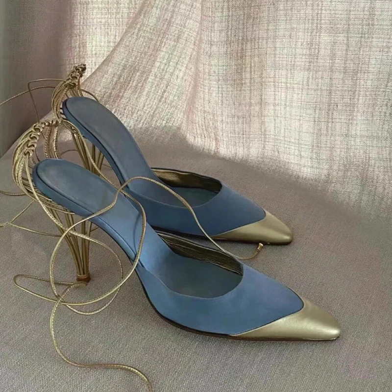 

New Ankle Cross Strap Pointed Toe French Birdcage Shaped Strange Heel Hollow High Heel Sandals Lace Up Mixed Color Women's Shoes